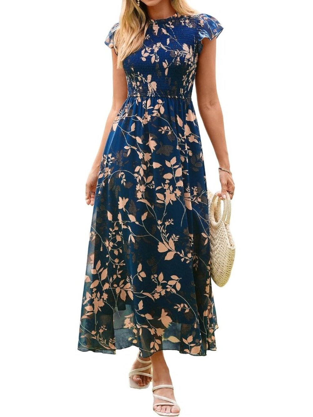 Women's Lake Blue Floral Ruffle Sleeve Chiffon Flowy Smocked Waist Maxi Dress